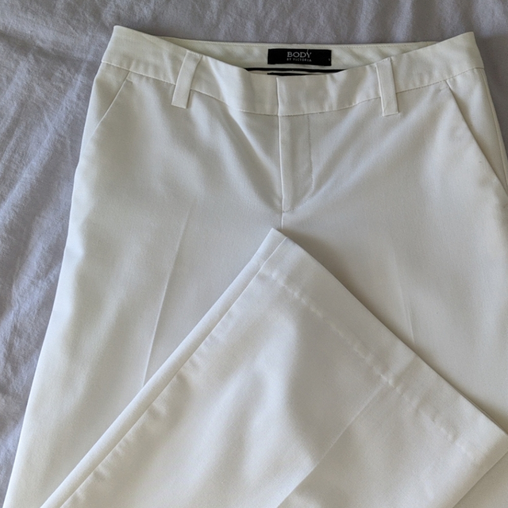 Cream colored, wide leg, dress slacks.